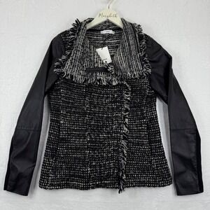 Vince Tweed Leather‎ Moto Jacket Black White Fringe Womens Size M